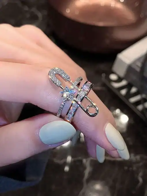 SHEIN Minimalist Chic Silver Paperclip Rhinestone Ring, Sparkling