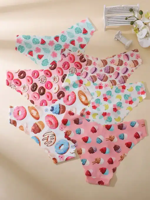 5pcs/Pack Cake & Donut Print Sexy Wavy Seamless Smooth Breathable Ladies Underwear