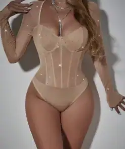 SHEIN Allurite 1pc Women's Sexy Mesh Rhinestone Embellished Bodysuit