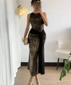 SHEIN Chiquease Women's Gold And Black Leopard Print Maxi Dress