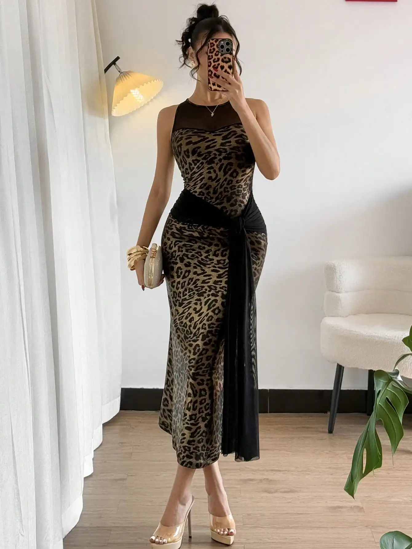 SHEIN Chiquease Women's Gold And Black Leopard Print Maxi Dress