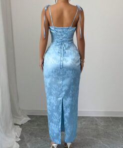 Elenzga 2025 Summer Elegant Sexy Strappy Jacquard Split Hem Slip Dress