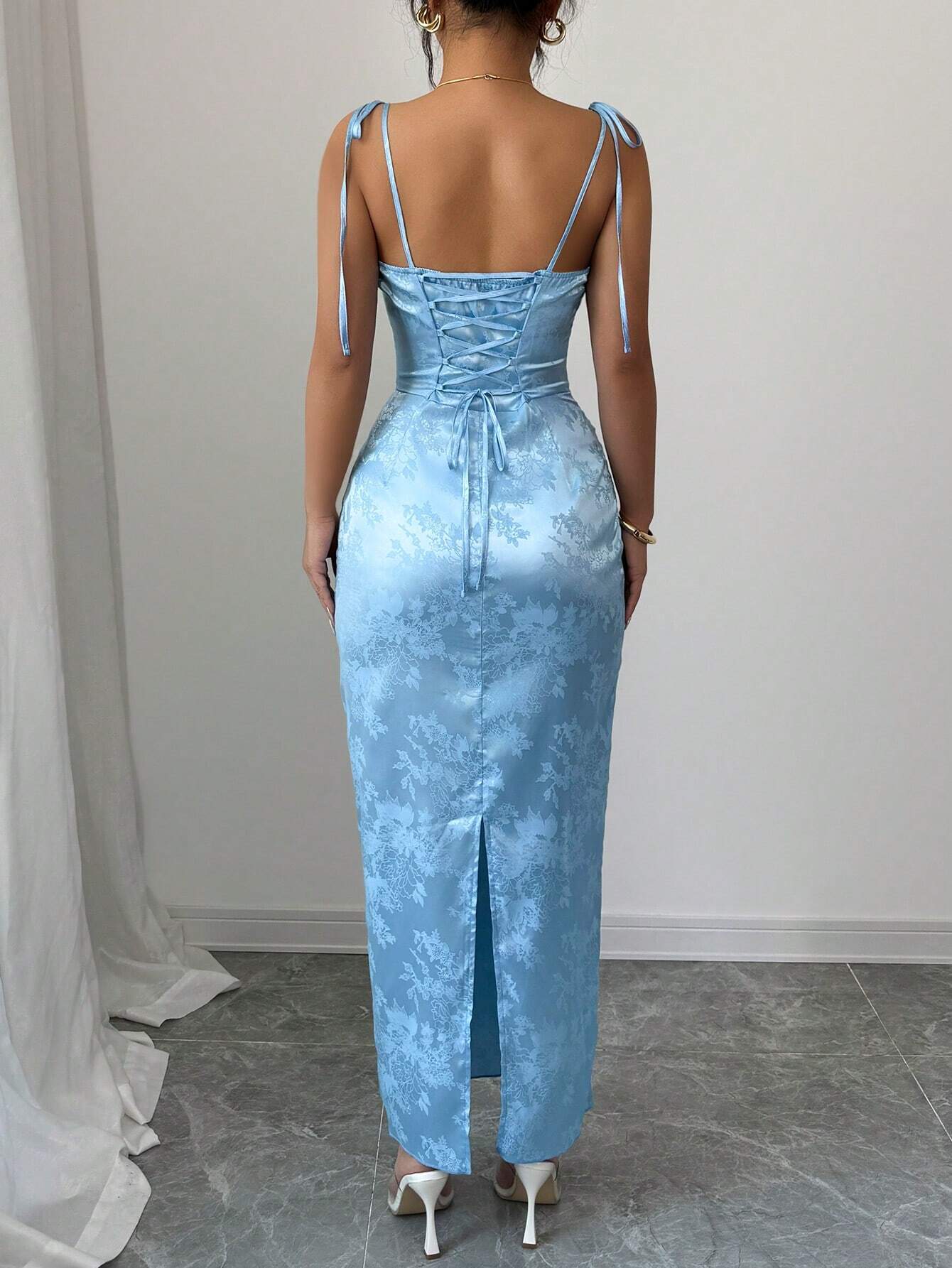 Elenzga 2025 Summer Elegant Sexy Strappy Jacquard Split Hem Slip Dress