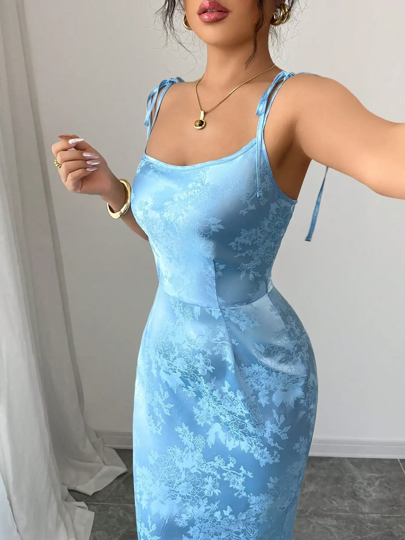 Elenzga 2025 Summer Elegant Sexy Strappy Jacquard Split Hem Slip Dress