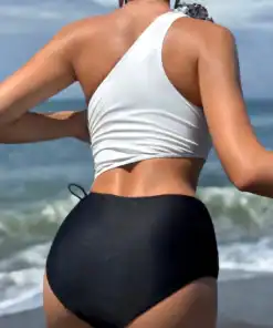 SHEIN Elegantly-Designed Black & White Asymmetric Ruched Monokini Swimsuit