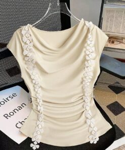 SHEIN Clasi Women's Summer Plunging Neckline Lace Trim Cinched Waist T-Shirt