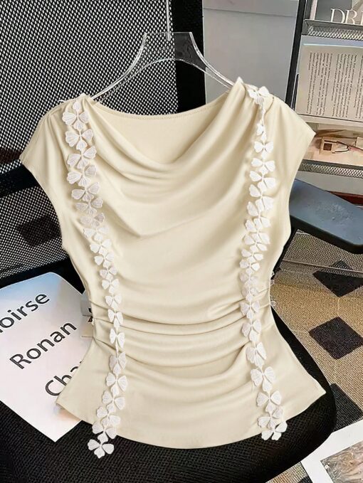 SHEIN Clasi Women's Summer Plunging Neckline Lace Trim Cinched Waist T-Shirt