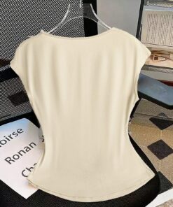 SHEIN Clasi Women's Summer Plunging Neckline Lace Trim Cinched Waist T-Shirt