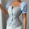 SHEIN Elenzga Elegant Jacquard Trimmed Square Collar Vintage Style Blouse