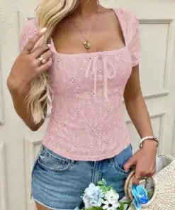 SHEIN LUNE Solid Color Texture Jacquard Square Neck Short Sleeve Bow Decor Mini T-Shirt