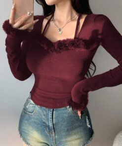 DAZY Ballerina Style Furry Decor Fitted Women T-Shirt,Fall Clothes Long Sleeve Women Top