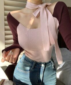 DAZY Women's Color Block Off Shoulder Crew Neck Pullover Sweater