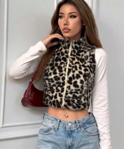 EZwear Women's Light Apricot Leopard Print Wool Sleeveless Zip-Up Jacket