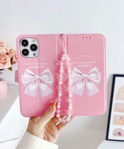 Peach Large Bow Faux Pearl Decor Wristband Case Compatible