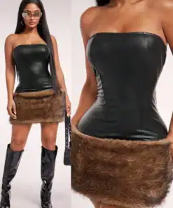 Radiana FallWinter Women's Sexy Wild Black PU Patchwork Brown Faux Fur Fitted Bandeau Mini Dress