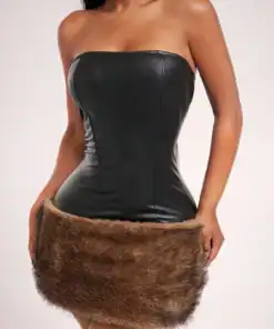 Alternative view of SHEIN Radiana FallWinter Women's Sexy Wild Black PU Patchwork Brown Faux Fur Fitted Bandeau Mini Dress