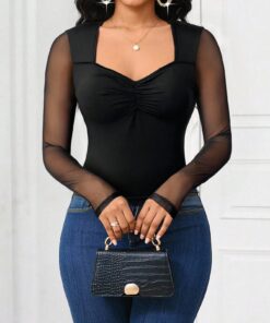 SHEIN Lady Black Mesh Patchwork Long Sleeve Fitted Women T-Shirt Long Sleeve Mesh Top