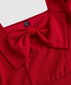 SHEIN MOD Women Gigot Sleeve Bow Tie Neck Red Dress