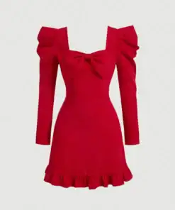 SHEIN MOD Women Gigot Sleeve Bow Tie Neck Red Dress