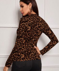 SHEIN Clasi Autumn Fashion Leopard Print Stand Collar Slim Fit T-Shirt