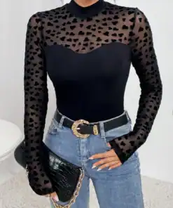 SHEIN Privé Contrast Heart Mesh Mock Neck Tee