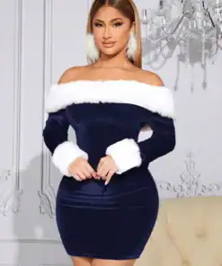 SXY Women Elegant Plush Trim Off Shoulder Bodycon Dress