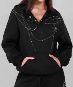 SHEIN Shiny Ribbed Rhinestone Pocket Collegiate Sweatshirt