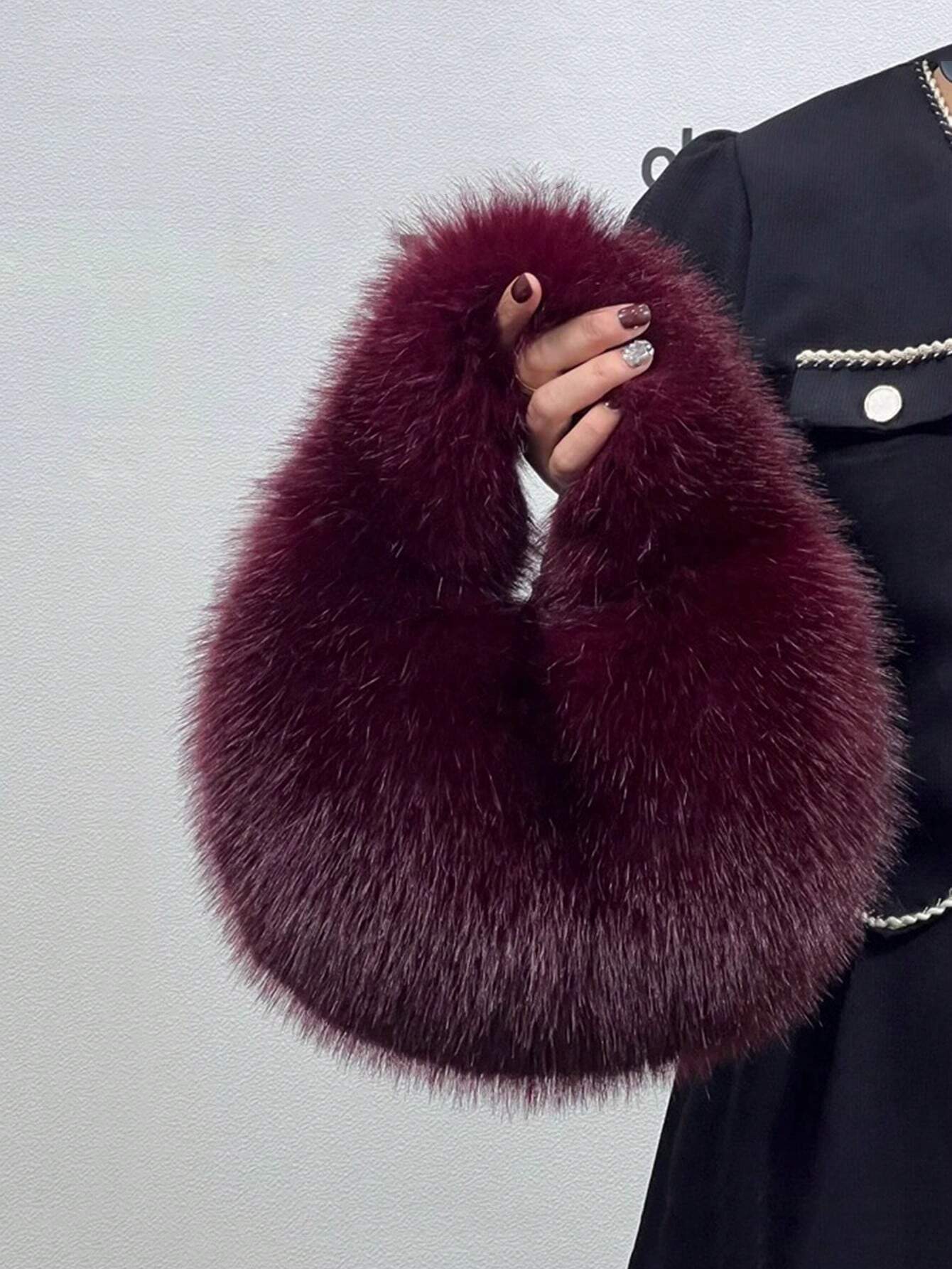 Yogodlns Solid Color Plush Dumpling Bag Simple Style Niche Design Faux Fox Fur Handbag Tote Small Women's