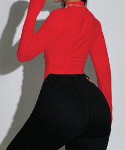 SHEIN Zolique Women Spring Summer Solid Color Stand Collar Long Sleeve T-Shirt