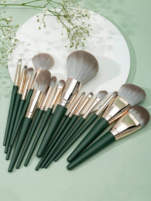 SHEIN mulynsie 14 Piece Dark Green Luxe Piece Professional Kabuki Makeup Brush Set